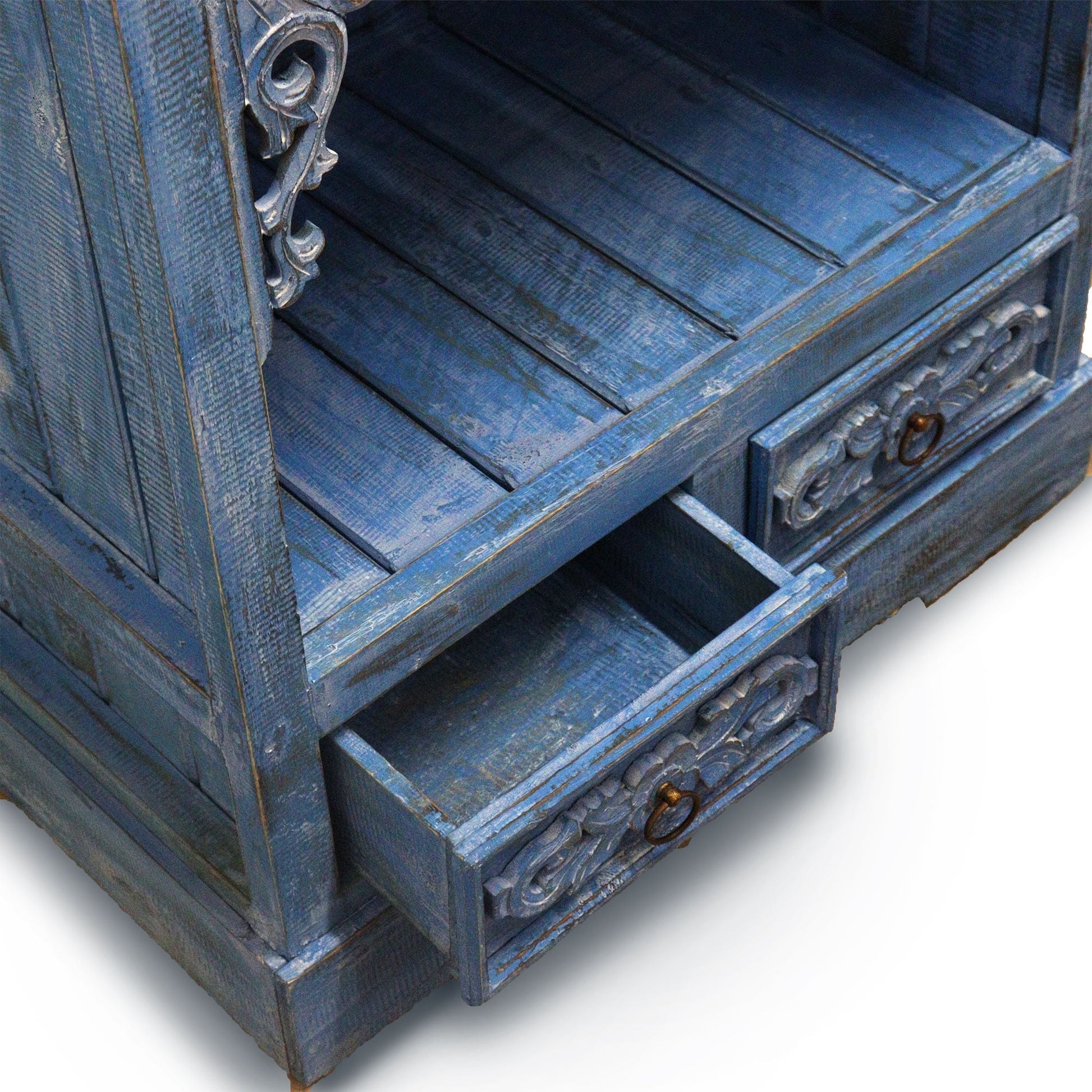 Alt Tag: Albasia Bathroom Cabinet – Bluewash bluewash wood cabinet detail with open drawer and shelf, carved front panels