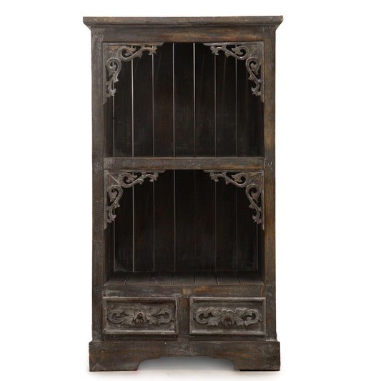 Alt Tag: Albasia Bathroom Cabinet – Greywash de madera albasia sostenible, acabado gris lavado, estante abierto y dos cajones para baño