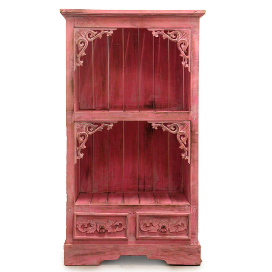 Albasia Bathroom Cabinet - Pinkwash handcrafted albasia wood cabinet with open shelves and two drawers, pinkwash finish