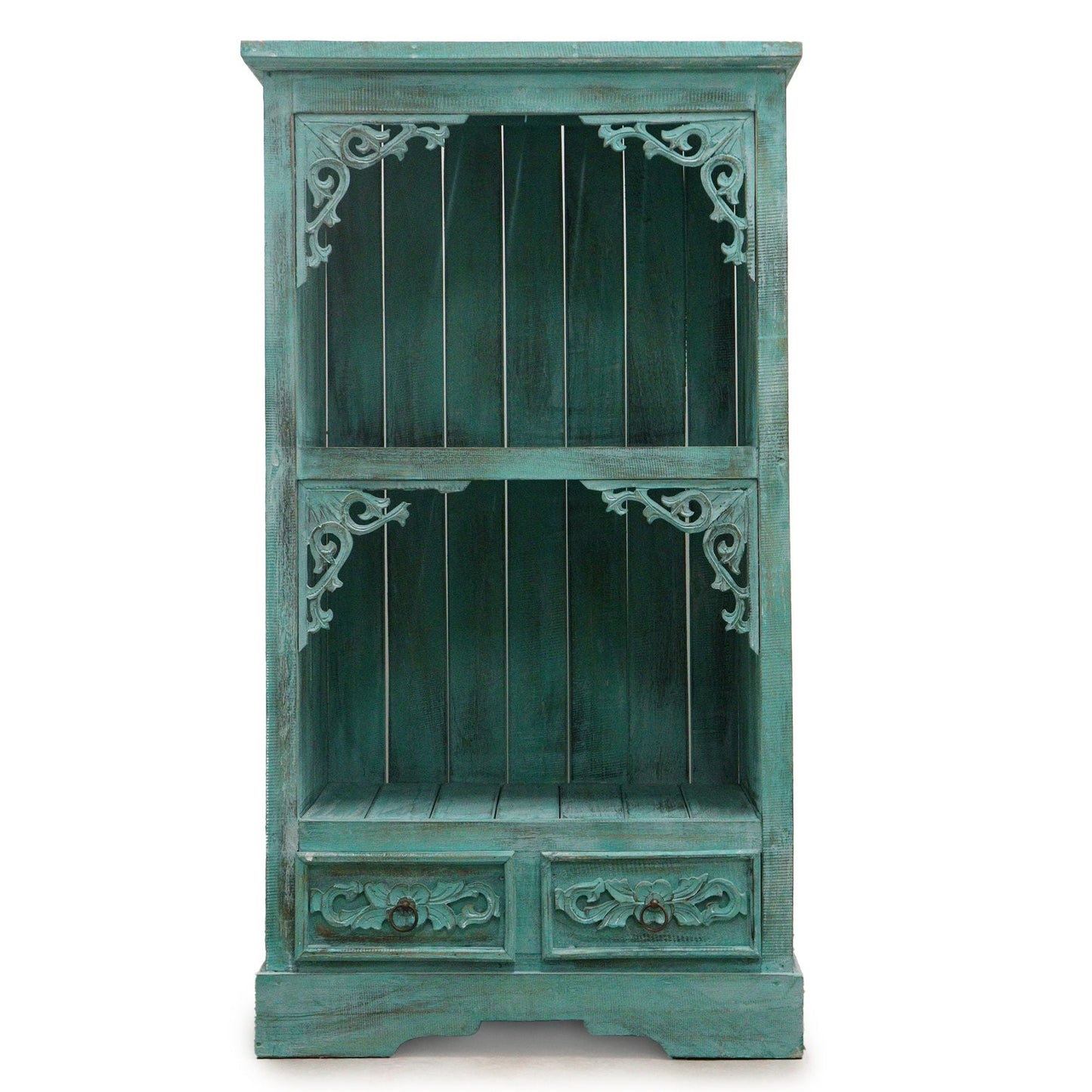 Alt Tag: Albasia Bathroom Cabinet – Turquoise Wash de madera albasia con acabado turquesa lavado, estante abierto y dos cajones tallados