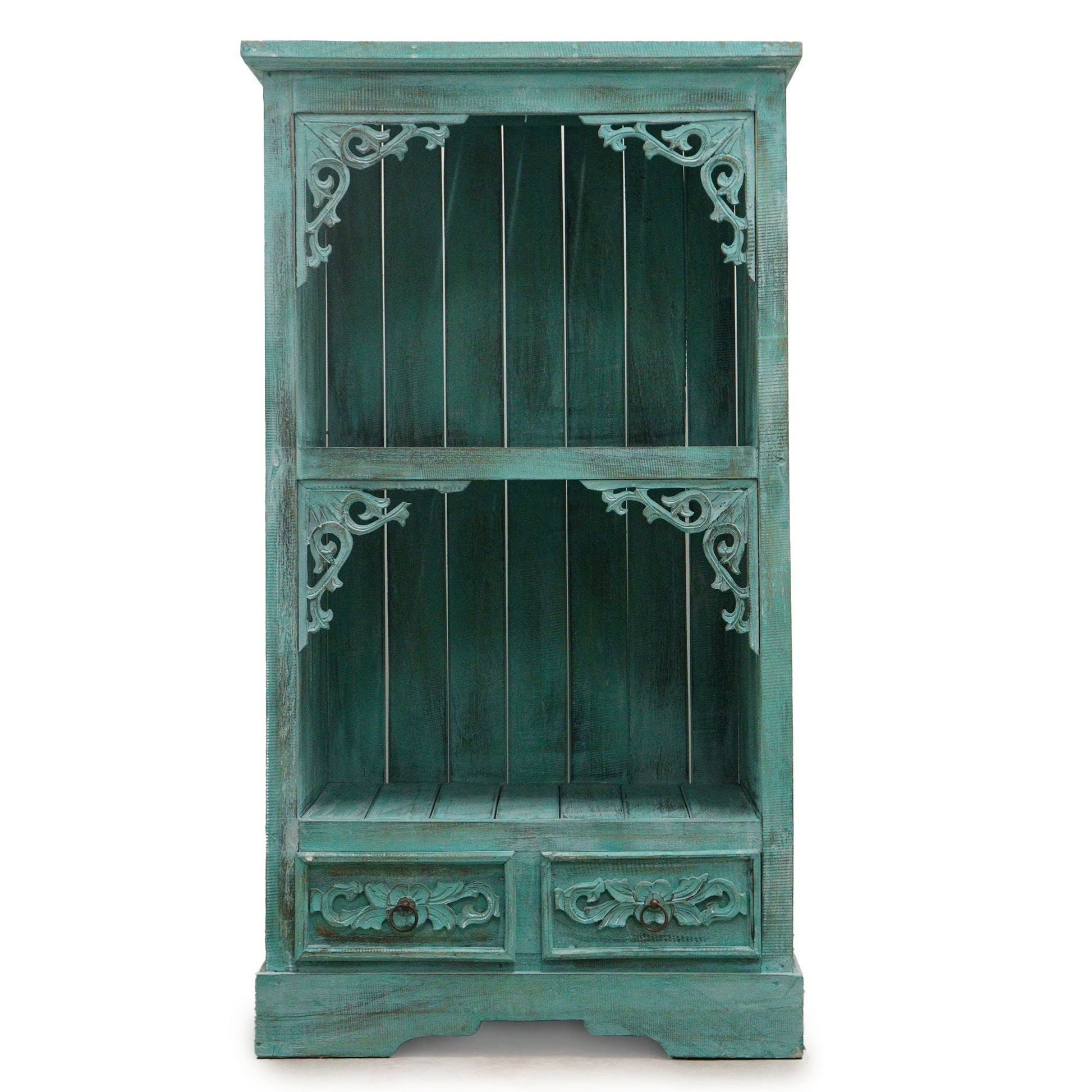 Alt Tag: Albasia Bathroom Cabinet – Turquoise Wash de madera albasia con acabado turquesa lavado, estante abierto y dos cajones tallados