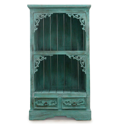 Alt Tag: Albasia Bathroom Cabinet – Turquoise Wash de madera albasia con acabado turquesa lavado, estante abierto y dos cajones tallados