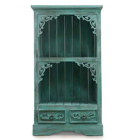 Alt Tag: Albasia Bathroom Cabinet – Turquoise Wash de madera albasia con acabado turquesa lavado, estante abierto y dos cajones tallados