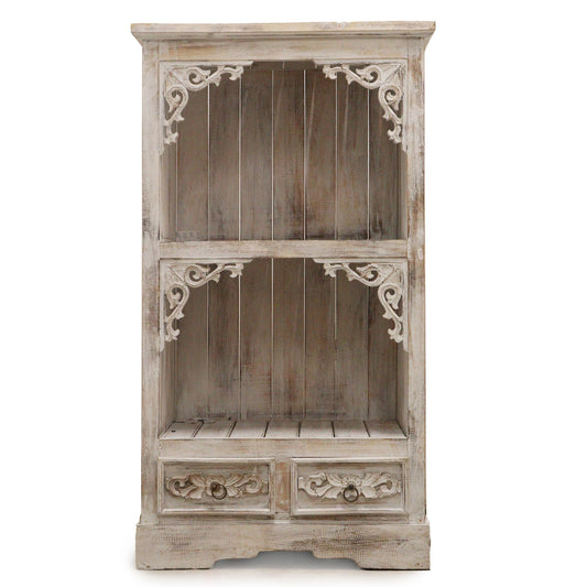 Alt Tag: Albasia Bathroom Cabinet – Whitewash de madera albasia con acabado blanco lavado, estantería abierta y dos cajones
