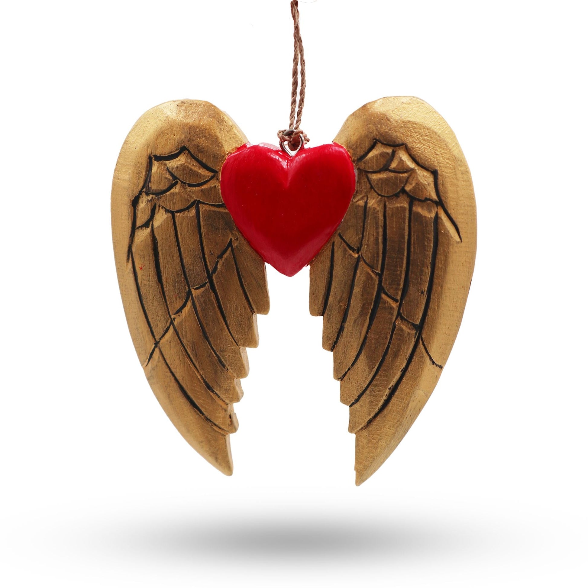 Alt Tag: Albasia Wood Angel Wing & Heart – Black Detail ornament, carved wooden angel wings with black detailing and red heart hanging