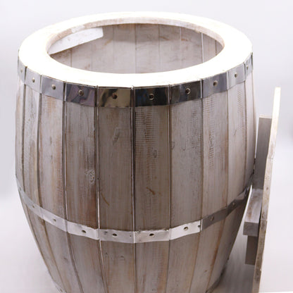 Alt Tag: Albasia Wood Barrel Table – Whitewash 60x48.5CM, mesa estilo barril de cerveza en madera albasia con detalles metálicos blanco lavado