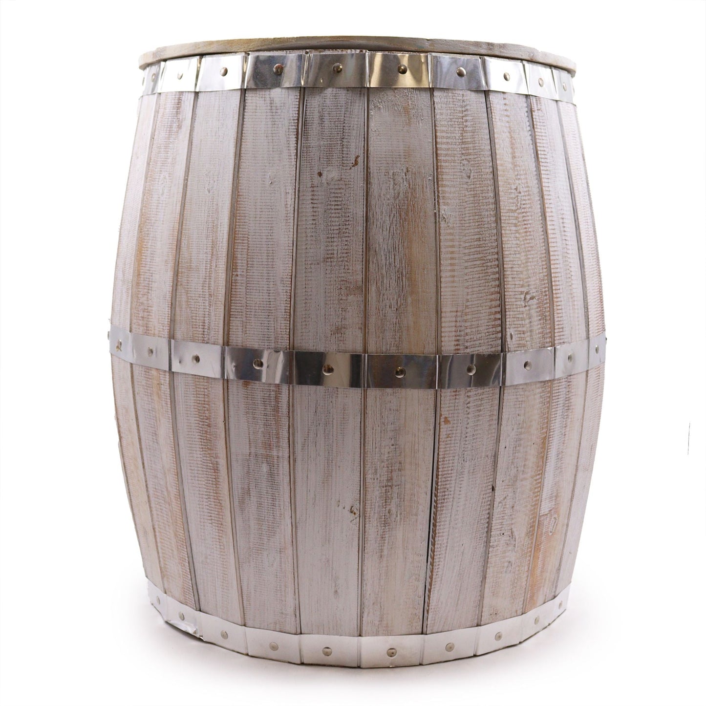 Alt Tag: Albasia Wood Barrel Table – Whitewash 60x48.5CM, mesa tipo barril de madera albasia con acabado whitewash y aros metálicos