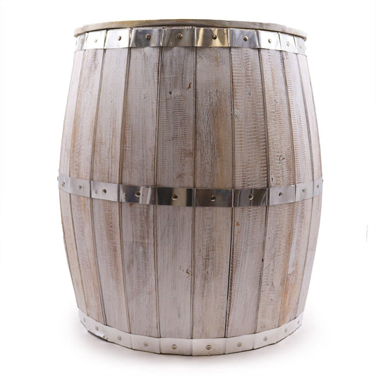 Alt Tag: Albasia Wood Beer Barrel Table – Whitewash 60x48.5CM rustic albasia wood barrel table with metal bands, whitewash finish