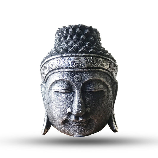 Buddha-Kopf aus Albasia-Holz – 25CM Silver Shine, handgeschnitzte, nachhaltige Deko-Skulptur aus Albasia-Holz mit Silver Shine-Finish
