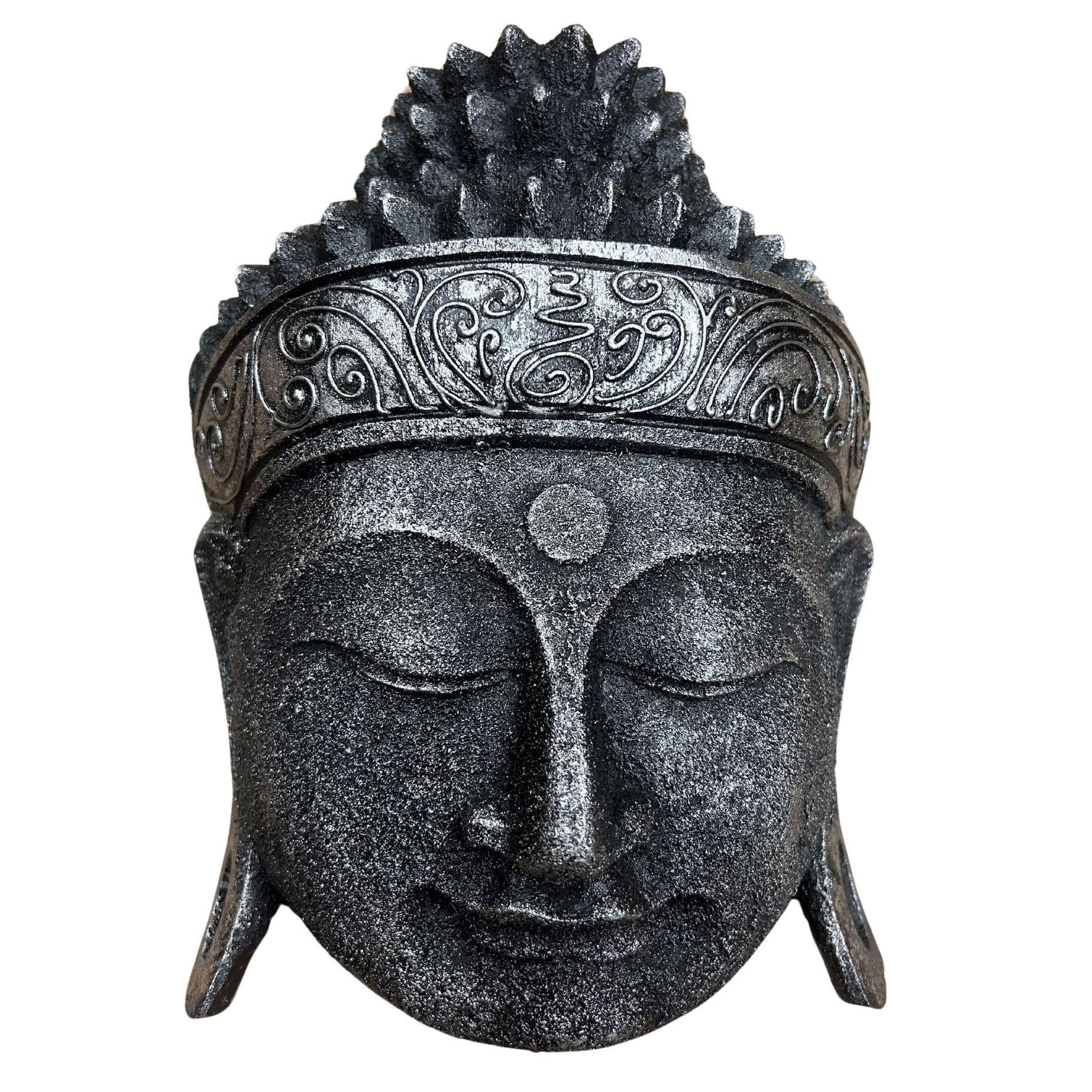 Buddhahuvud i albasia-trä – 25CM Silver Shine, handskuren Buddhahuvudskulptur i albasia-trä med yta i silverglansfinish