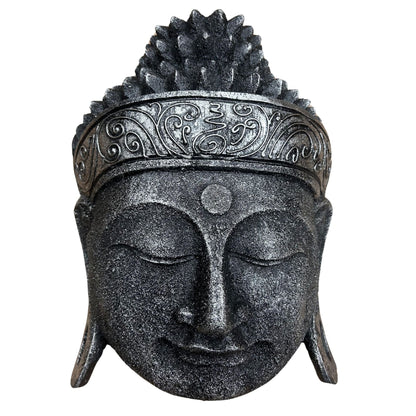 Buddhahuvud i albasia-trä – 25CM Silver Shine, handskuren Buddhahuvudskulptur i albasia-trä med yta i silverglansfinish