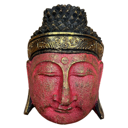 Decoración de cabeza de Buda de madera de albasia – 25CM Red Shine, cabeza de Buda de madera de albasia tallada a mano con acabado Red Shine y detalles dorados