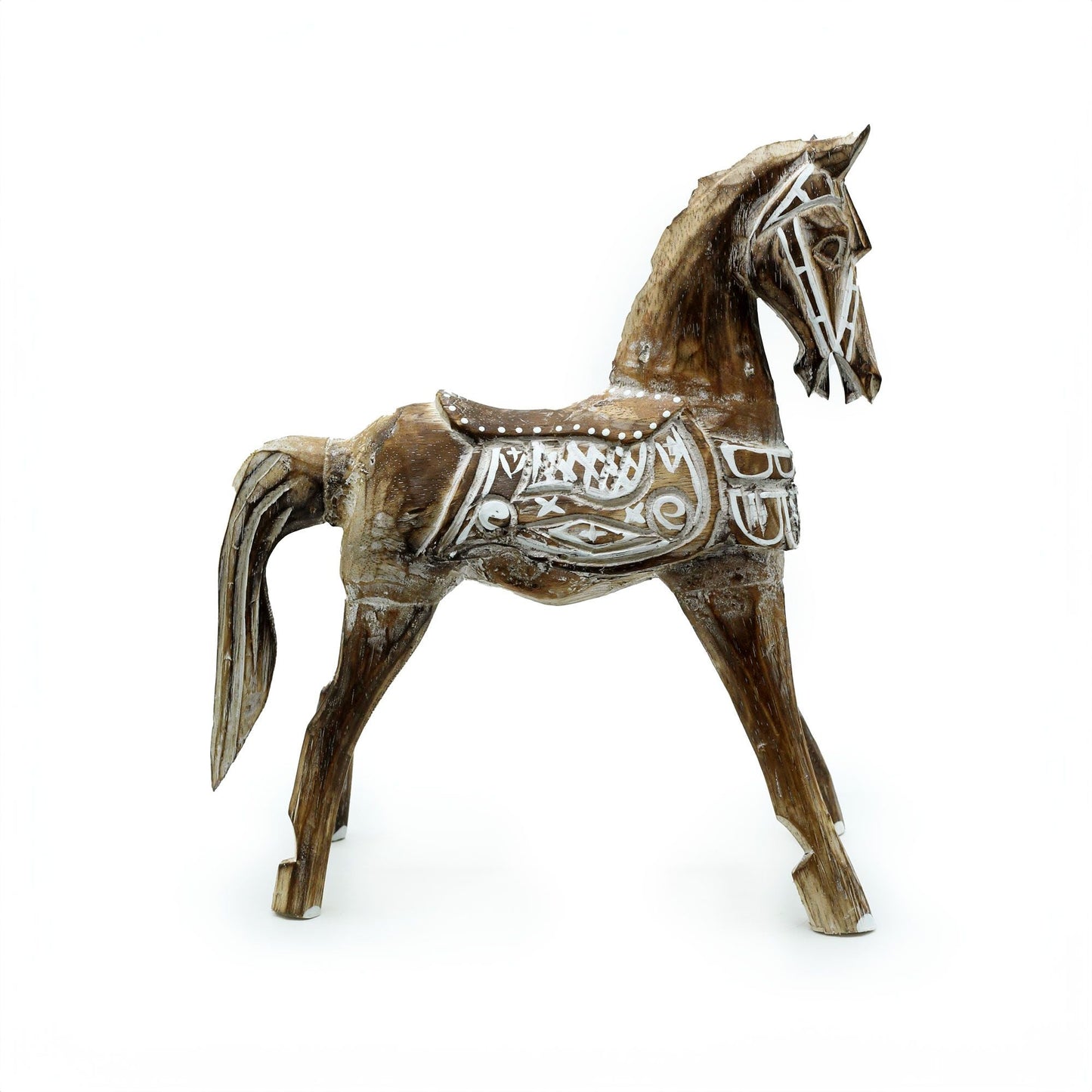 Figura de caballo de madera Albasia – 25 CM, figura decorativa de caballo tallada en madera Albasia de estilo antiguo con detalles blancos