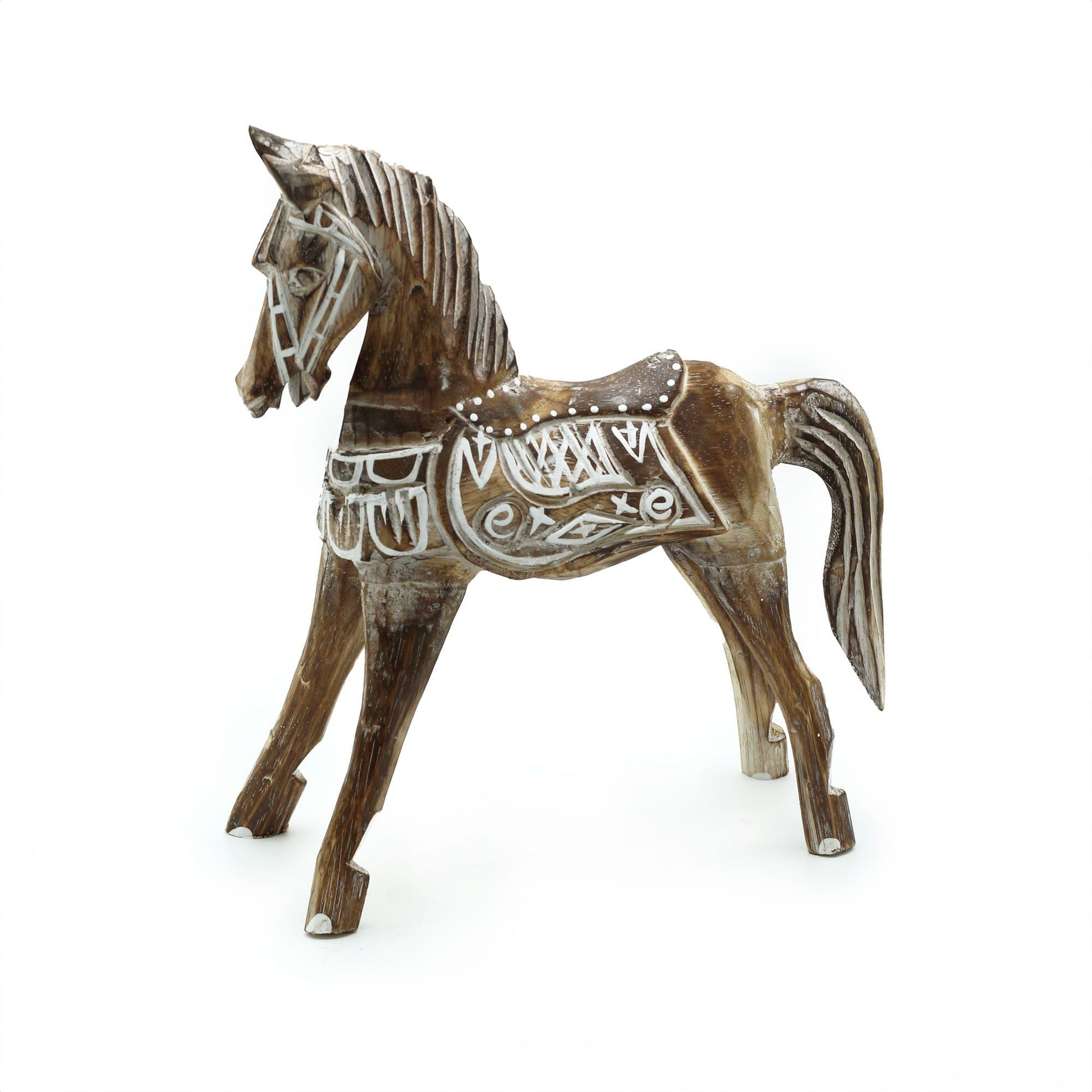 Figura de caballo de madera de albasia – 25 CM, decoración de caballo de madera tallada a mano de estilo vintage con acabado rústico y detalles grabados