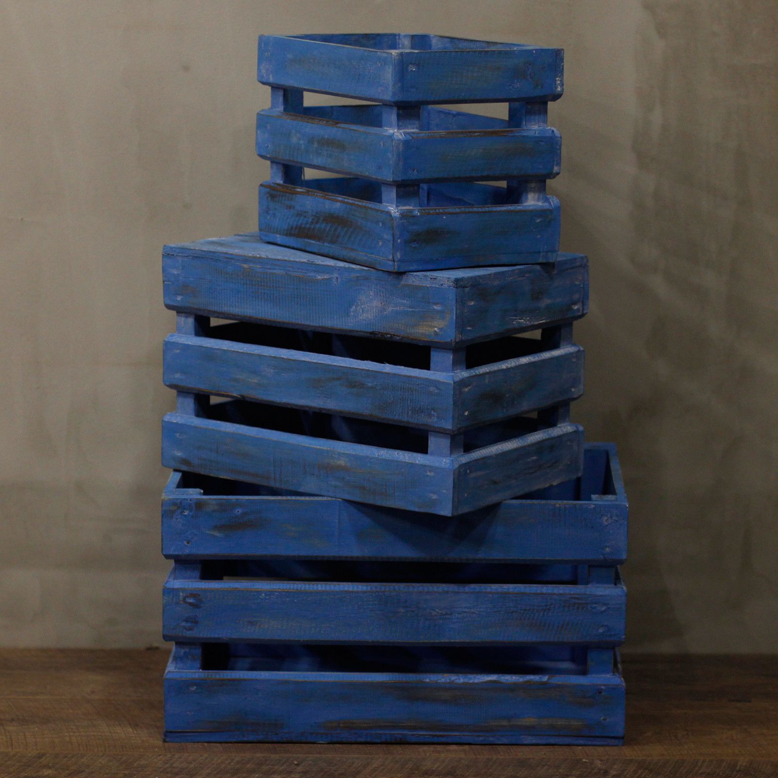 Alt Tag: Albasia Wood Display Boxes – Set of 3 Bluewash stacked bluewashed wooden display boxes for decor and storage