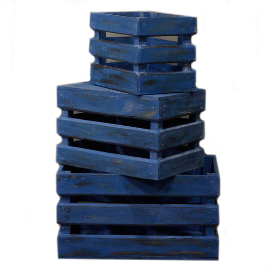 Alt Tag: Albasia Wood Display Boxes – Set of 3 Bluewash, cajas de exhibición de madera azul apiladas para organización y decoración