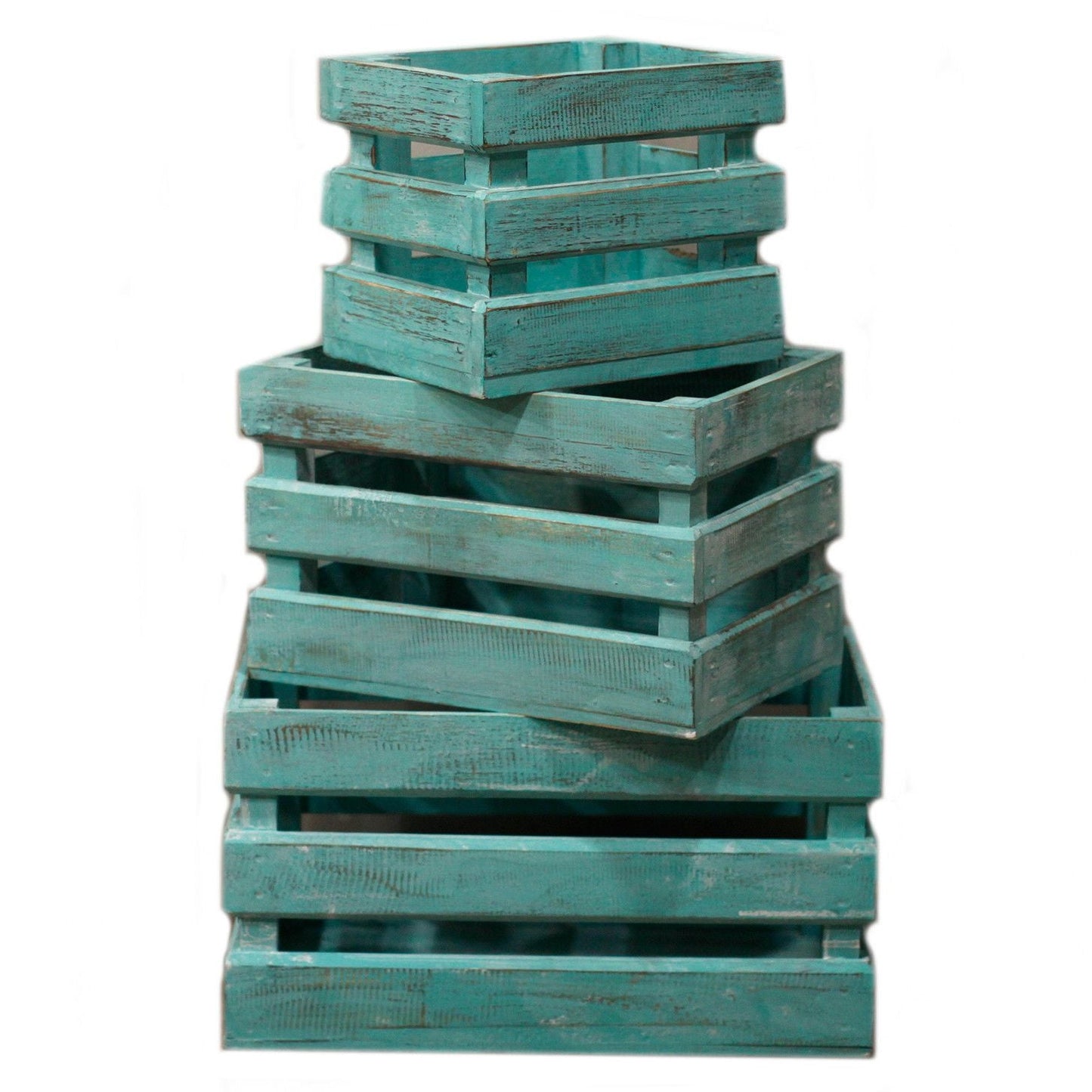 Alt Tag: Cajas expositoras de madera de albasia – Set de 3 apiladas, cajas de madera turquesa estilo rústico para exhibición y organización (25x45x30 cm)