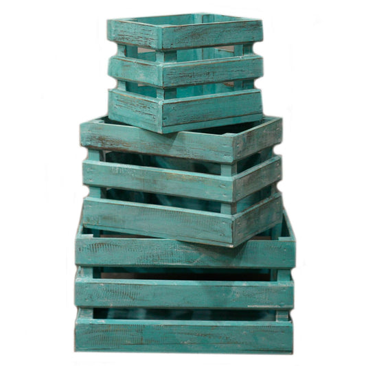 Alt Tag: Albasia Wood Display Boxes – Set of 3 apiladas, cajas de madera turquesa estilo rústico para exhibición y organización (25x45x30 cm)