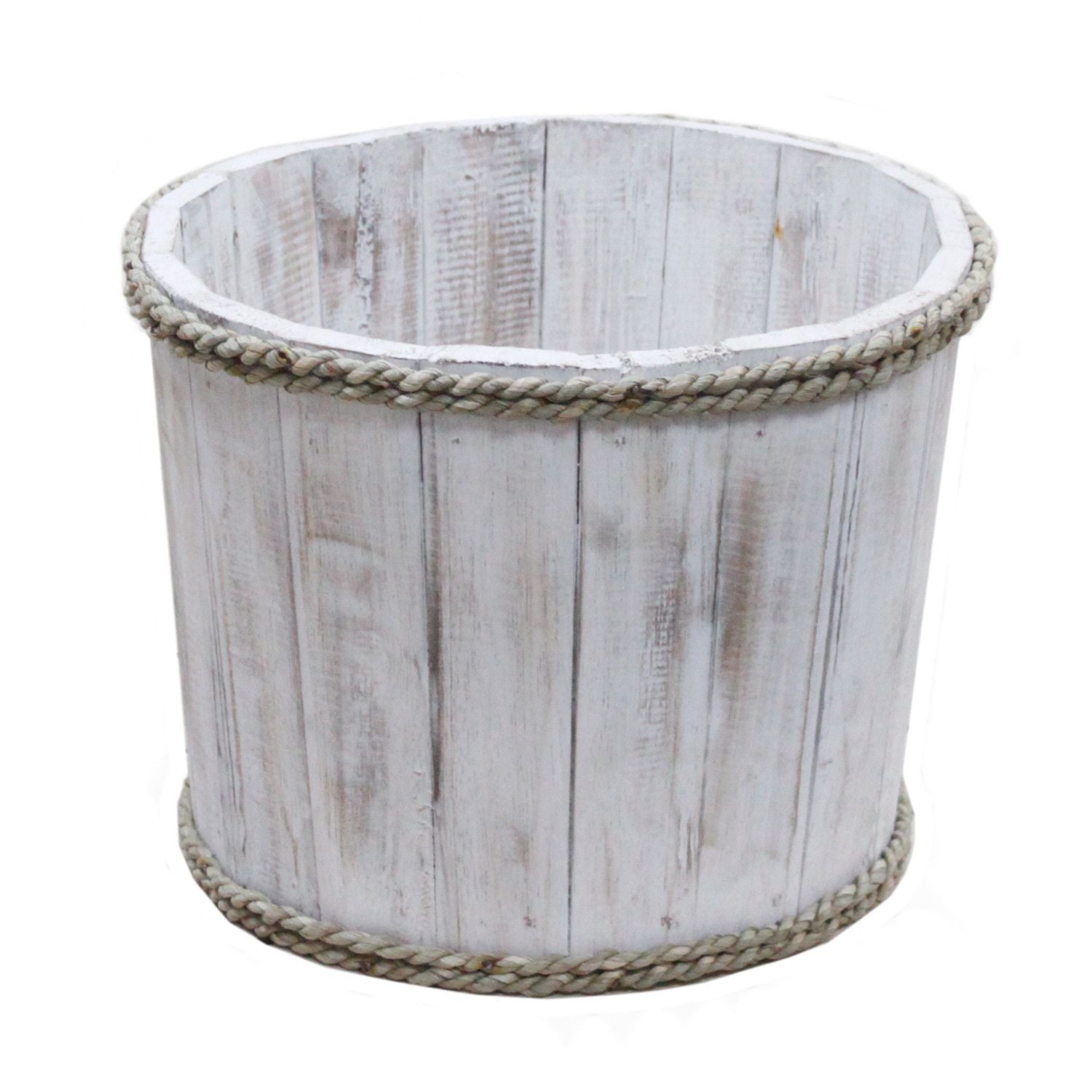 Albasia Wood Display Tub – Whitewash 21x29 CM, whitewashed wooden display tub with rope trim, nautical coastal decor