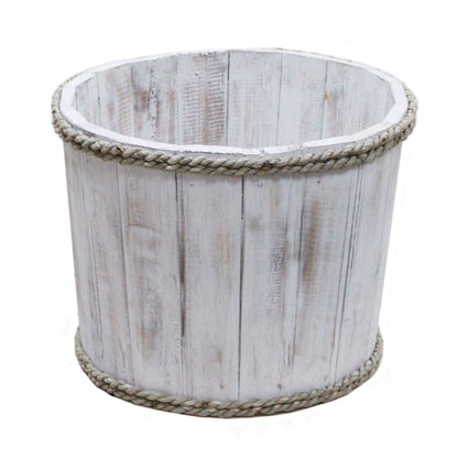 Albasia Wood Display Tub – Whitewash 21x29 CM, whitewashed wooden display tub with rope trim, nautical coastal decor