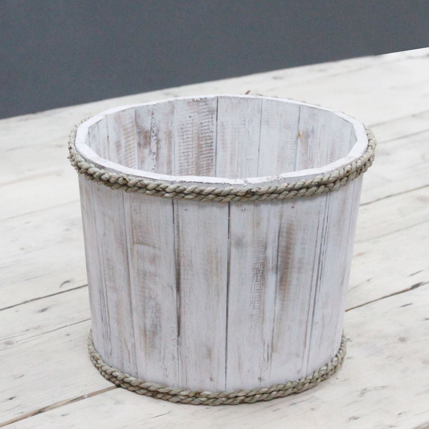 Albasia Wood Display Tub – Whitewash 21x29 CM, whitewashed wooden round display tub with rope trim, coastal nautical decor