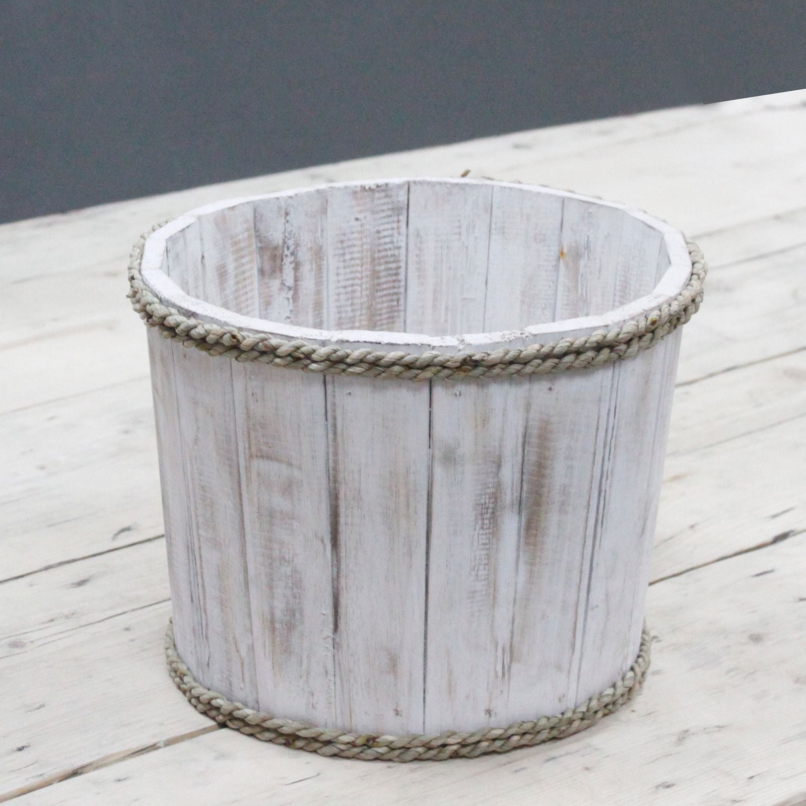 Albasia Wood Display Tub – Whitewash 21x29 CM, whitewashed wooden round display tub with rope trim, coastal nautical decor