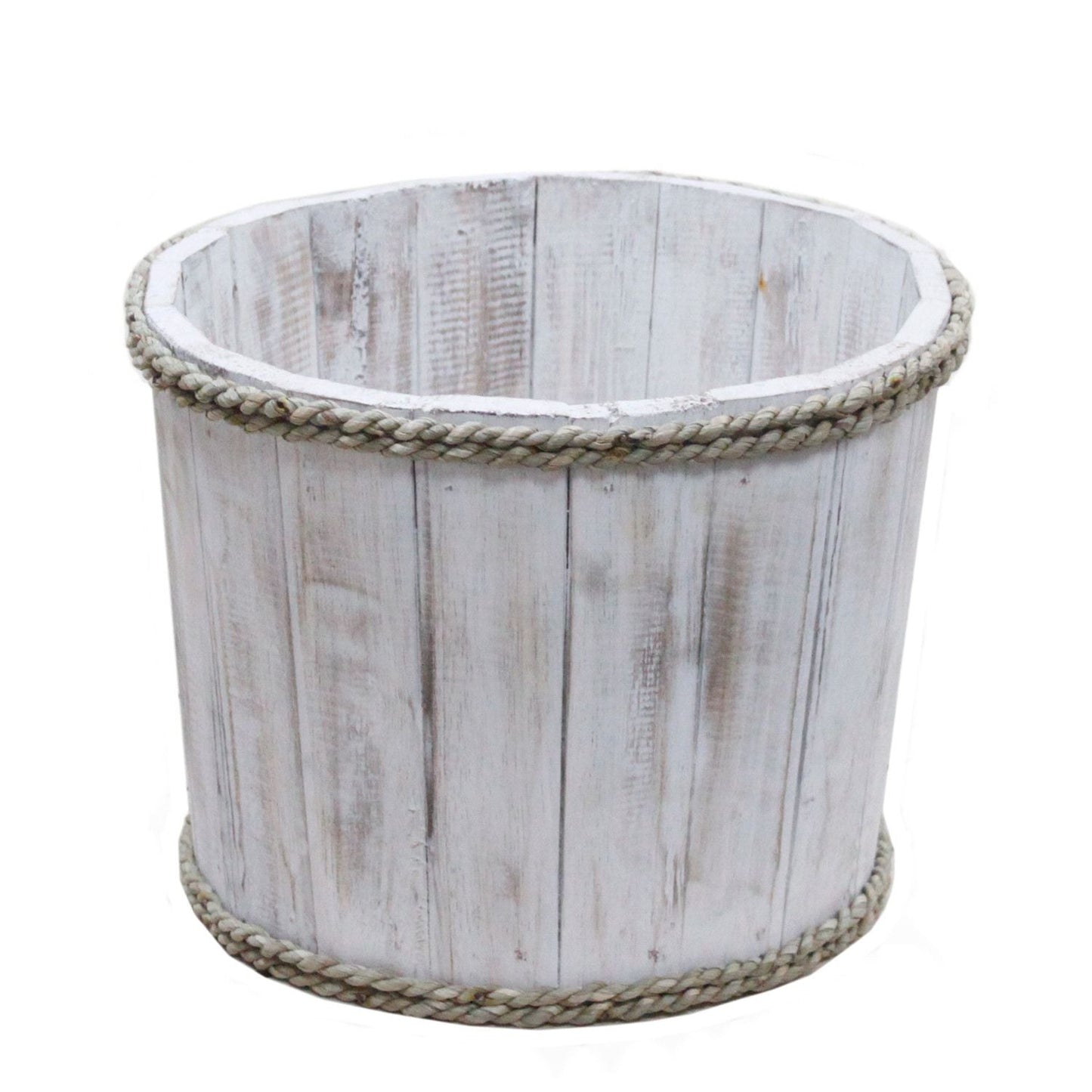 Alt Tag: Albasia Wood Display Tub – Whitewash 21x29 CM whitewashed wooden display tub with rope trim, coastal nautical decor