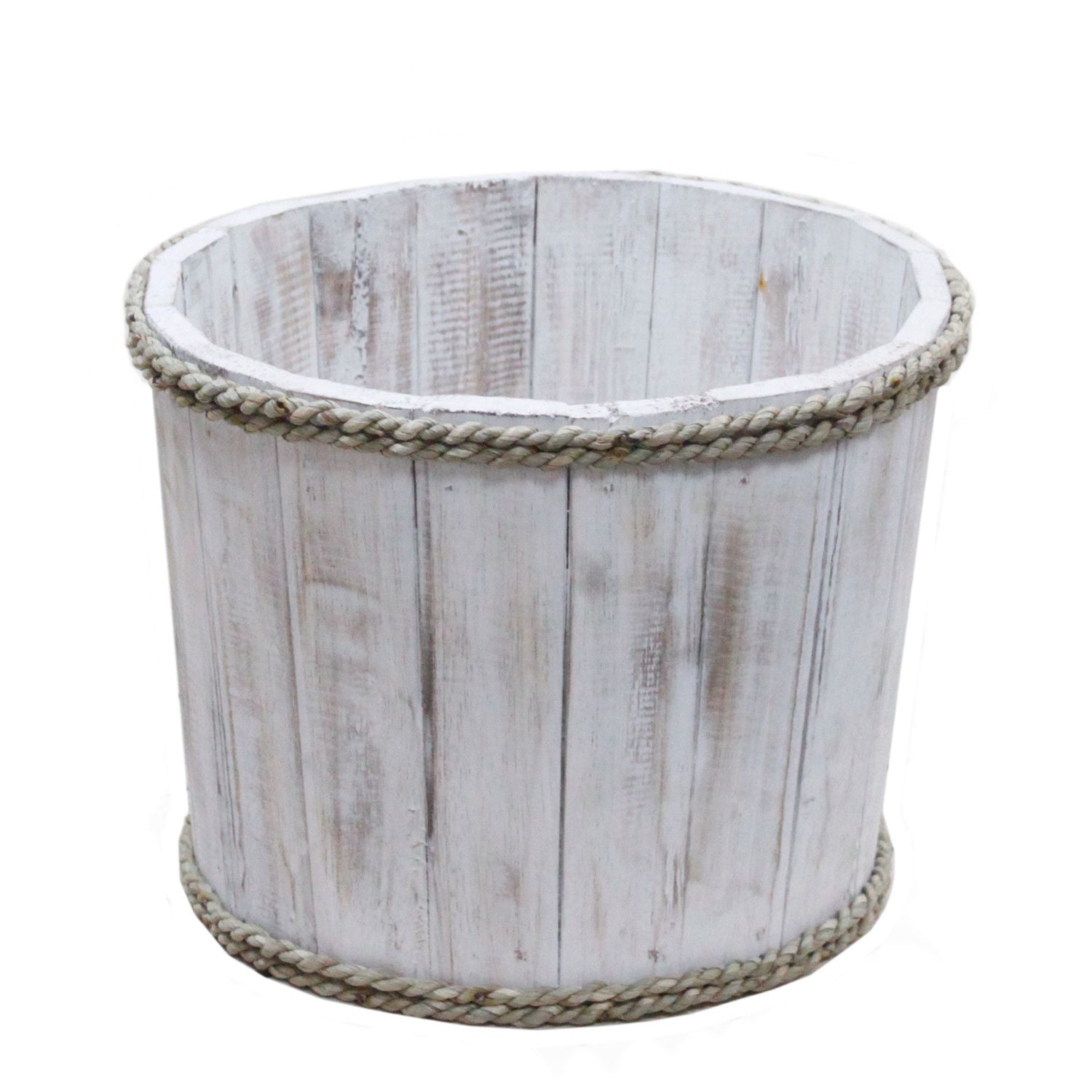 Alt Tag: Albasia Wood Display Tub – Whitewash 21x29 CM whitewashed wooden display tub with rope trim, coastal nautical decor