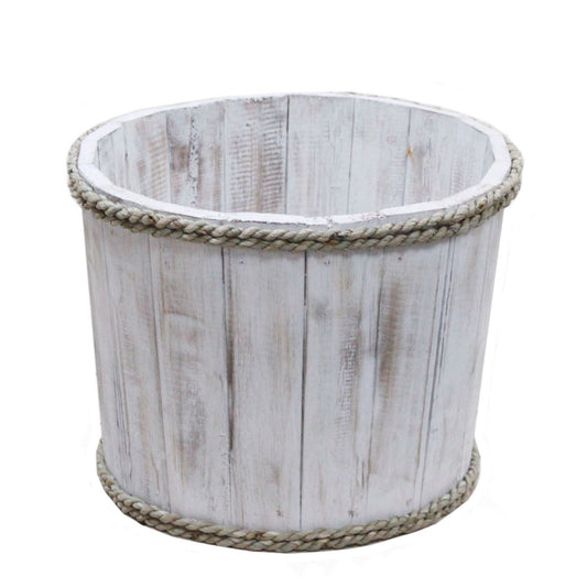Alt Tag: Albasia Wood Display Tub – Whitewash 21x29 CM whitewashed wooden display tub with rope trim, coastal nautical decor