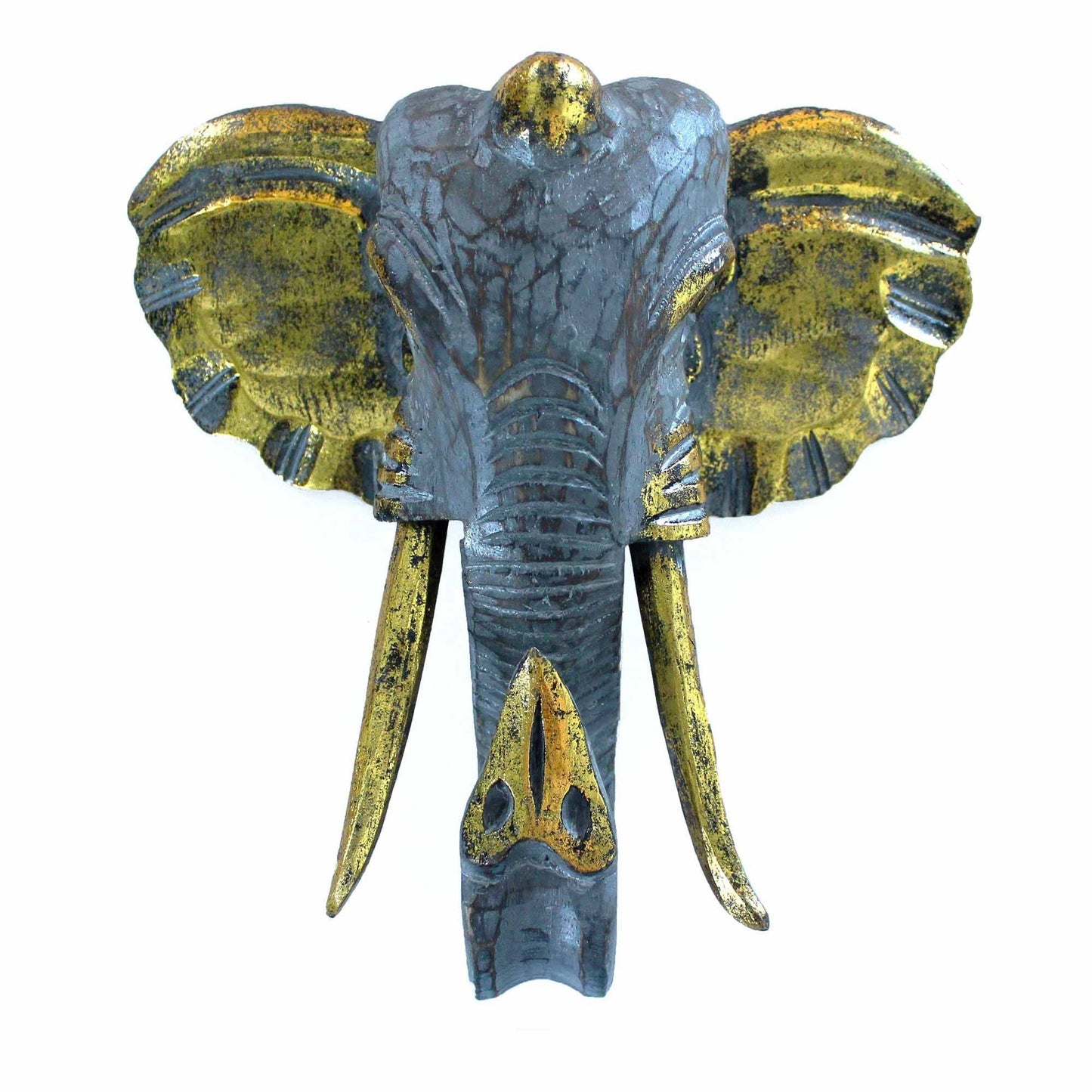 Albasia Wood Elephant Head – Large Gold & Grey carved Albasia wood elephant head wall decor in gold and grey tones