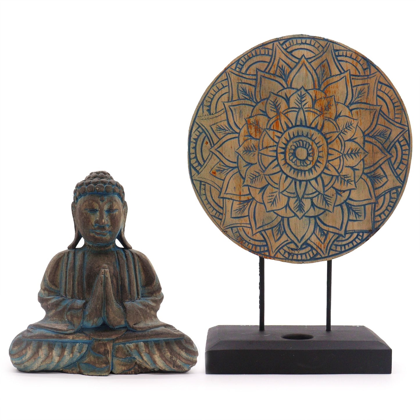 Feng Shui Buddha-set i albasia-trä – 29x45 CM, blå Buddha-skulptur i trä med blomstermandala snidad i stativet