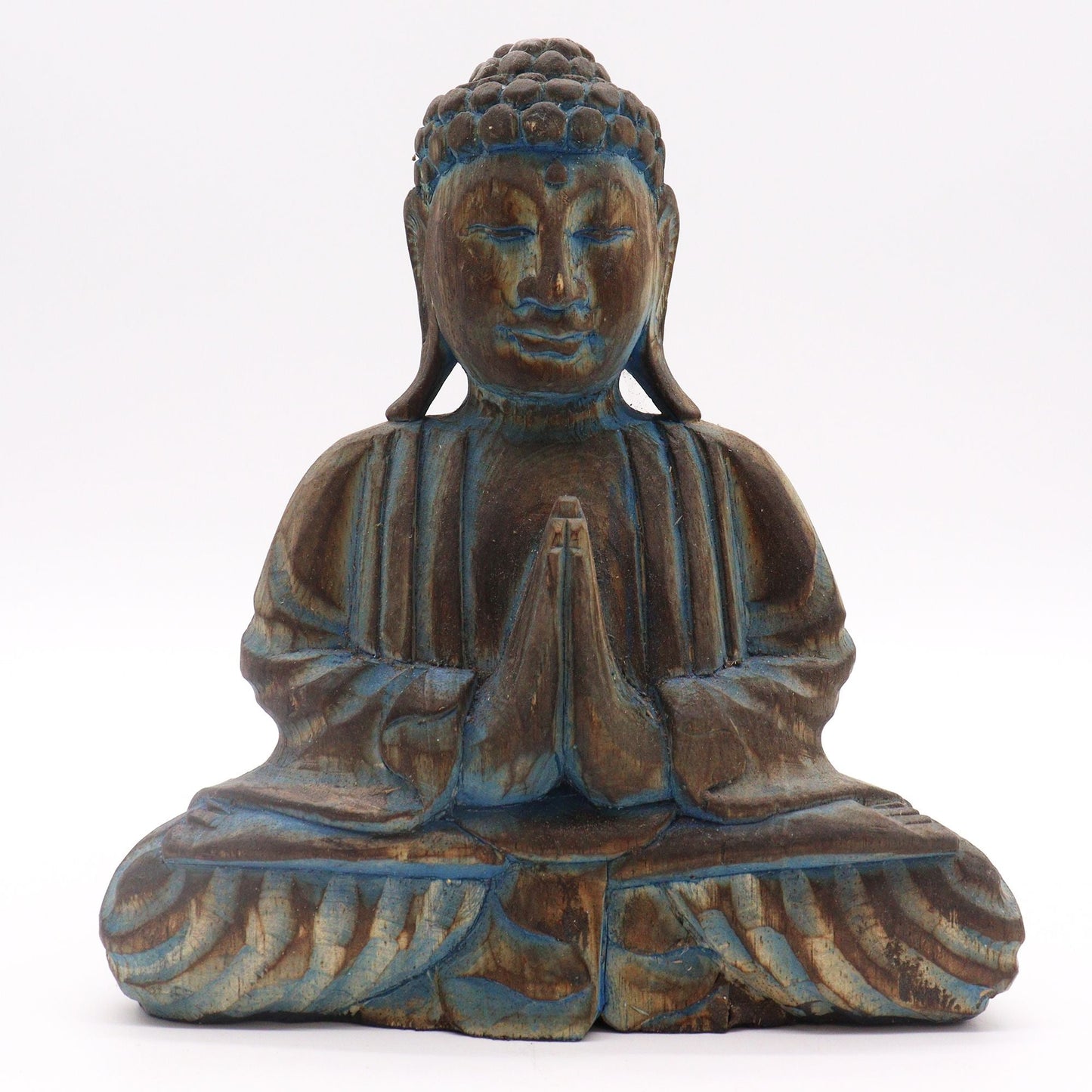 Alt Tag: Feng Shui Buddha-set i albasia-trä – 29x45 CM blå Buddha-staty i albasia-trä med händerna i bön, detaljerad snideri