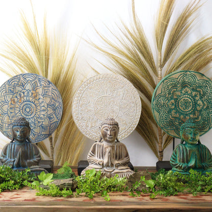 Albasia-trä Feng Shui Buddha-set – 29x45 CM med tre snidade Buddha-figurer och mandala-bakplattor i blått, vitt och grönt