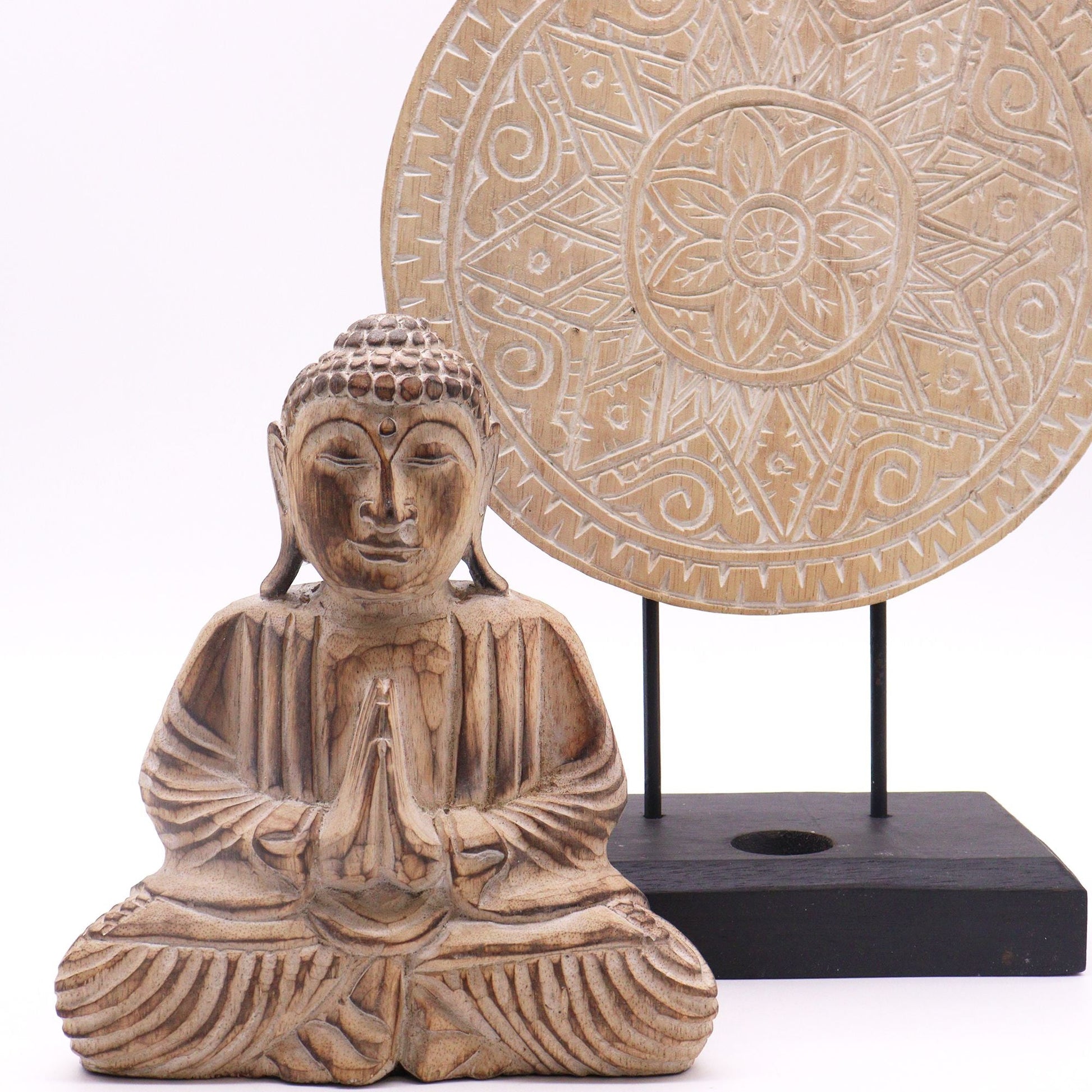Set de Buda Feng Shui de madera de albasia – 29x45 CM, figura de Buda tallada en madera con disco mandala decorativo sobre base negra