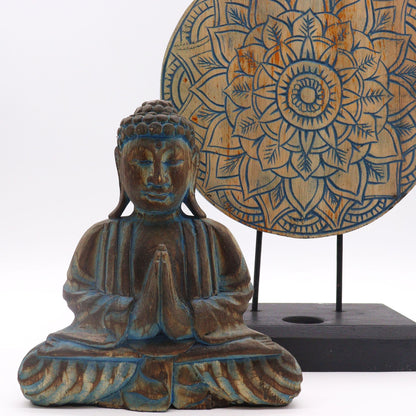Albasia-trä Feng Shui Buddha-set – 29x45 CM med blå sittande Buddha och mandalaskiva med blommotiv på stativ