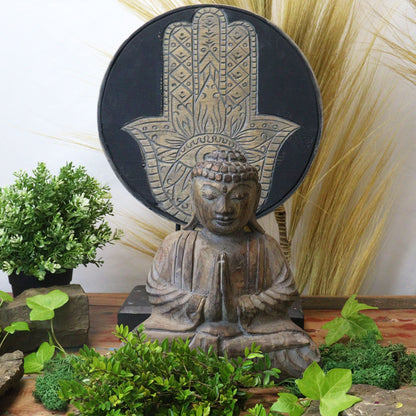 Feng Shui Buddha-set i albasia-trä – grå, 29x45 CM, Buddha-staty i trä med Hamsa-ryggstöd, grå feng shui-dekoration