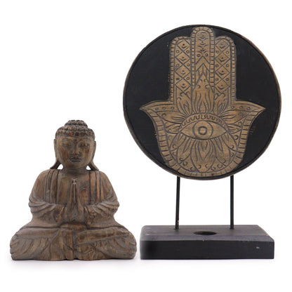 Albasia-trä Feng Shui Buddha-set – Grå, 29x45 CM, snidad Buddha-skulptur och Hamsa-plakett med öga på stativ