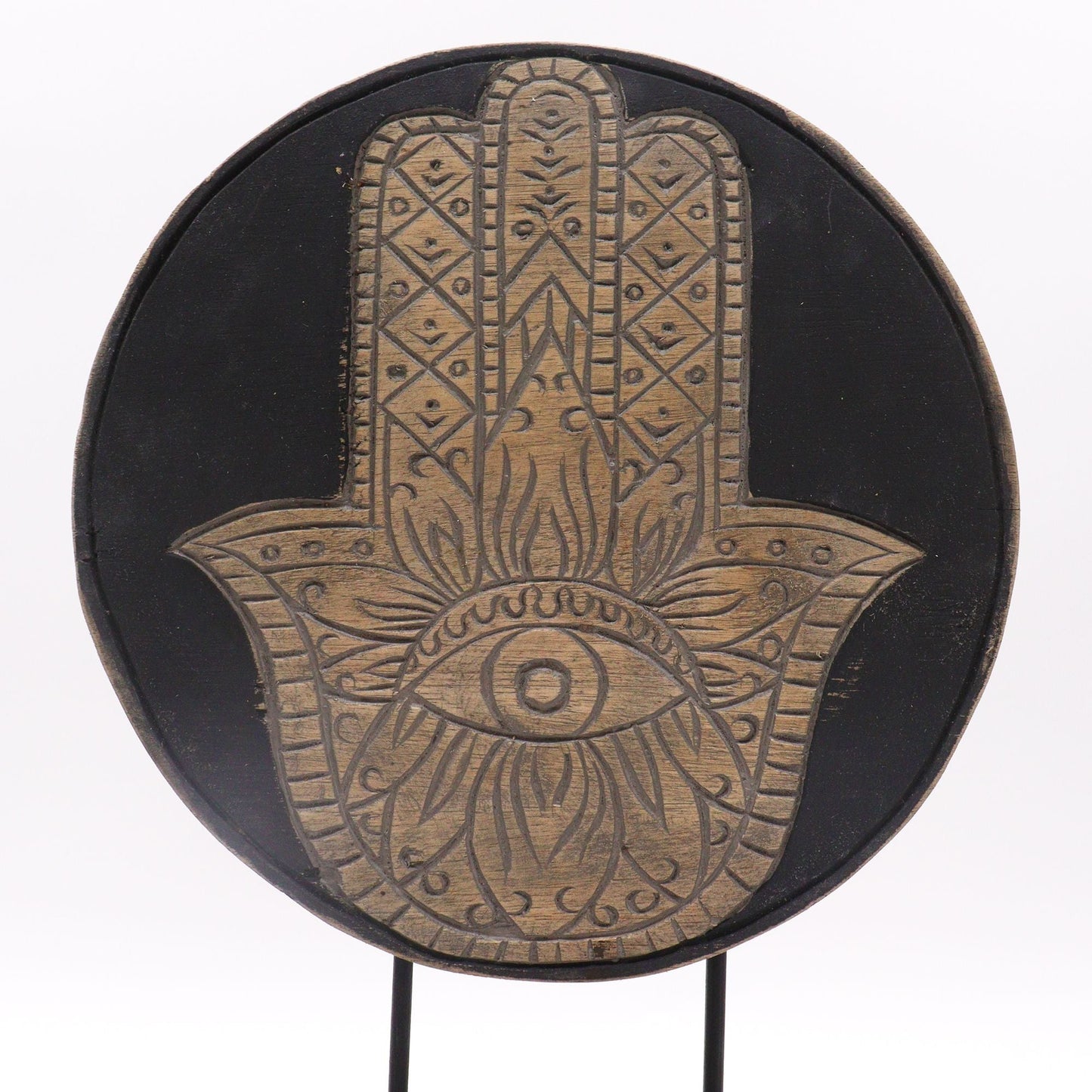 Albasia Wood Feng Shui Buddha-set – Grå, 29x45 CM, dekorativ träplatta med Hamsa- och ögondesign, grå finish