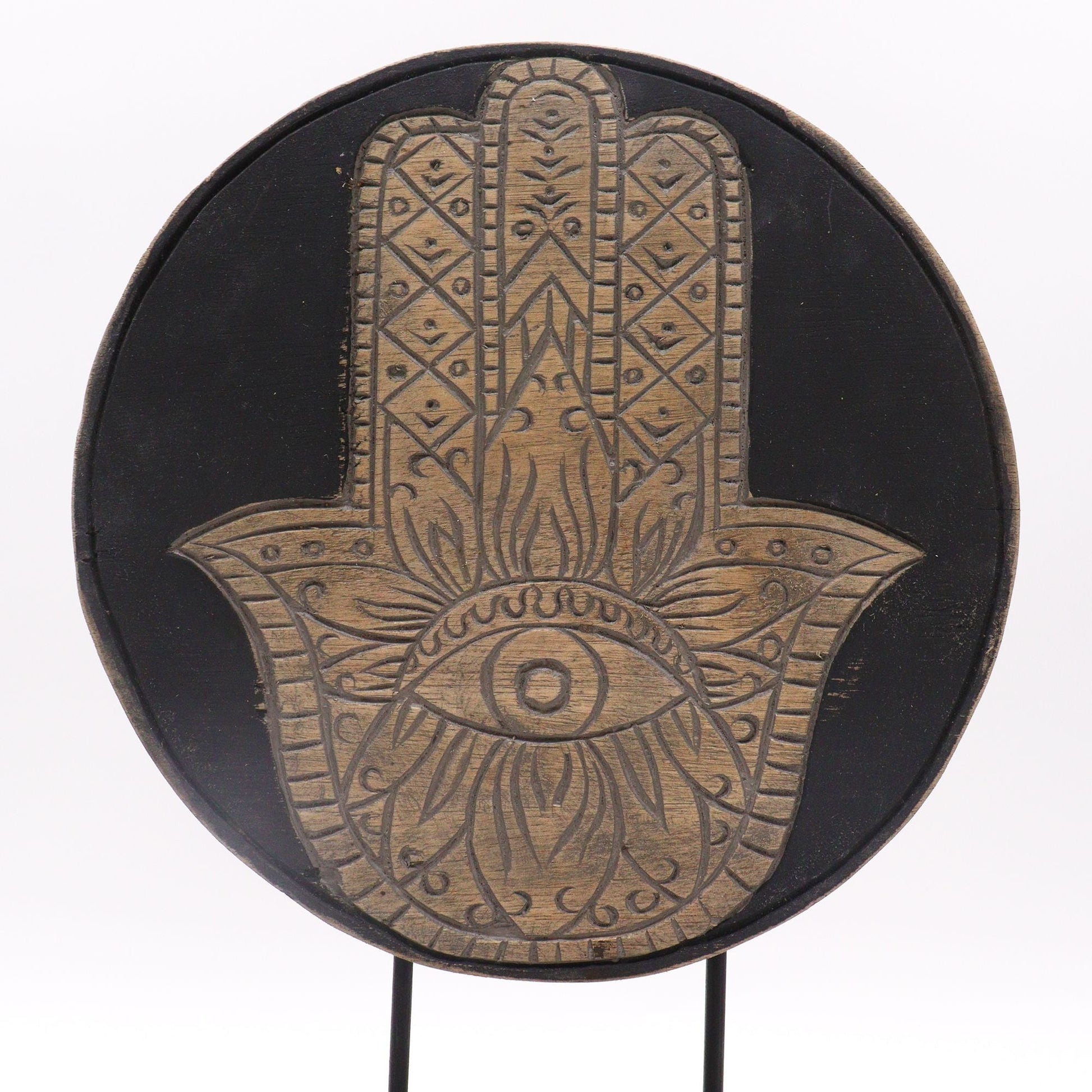 Albasia Wood Feng Shui Buddha-set – Grå, 29x45 CM, dekorativ träplatta med Hamsa- och ögondesign, grå finish