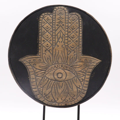 Albasia Wood Feng Shui Buddha-set – Grå, 29x45 CM, dekorativ träplatta med Hamsa- och ögondesign, grå finish