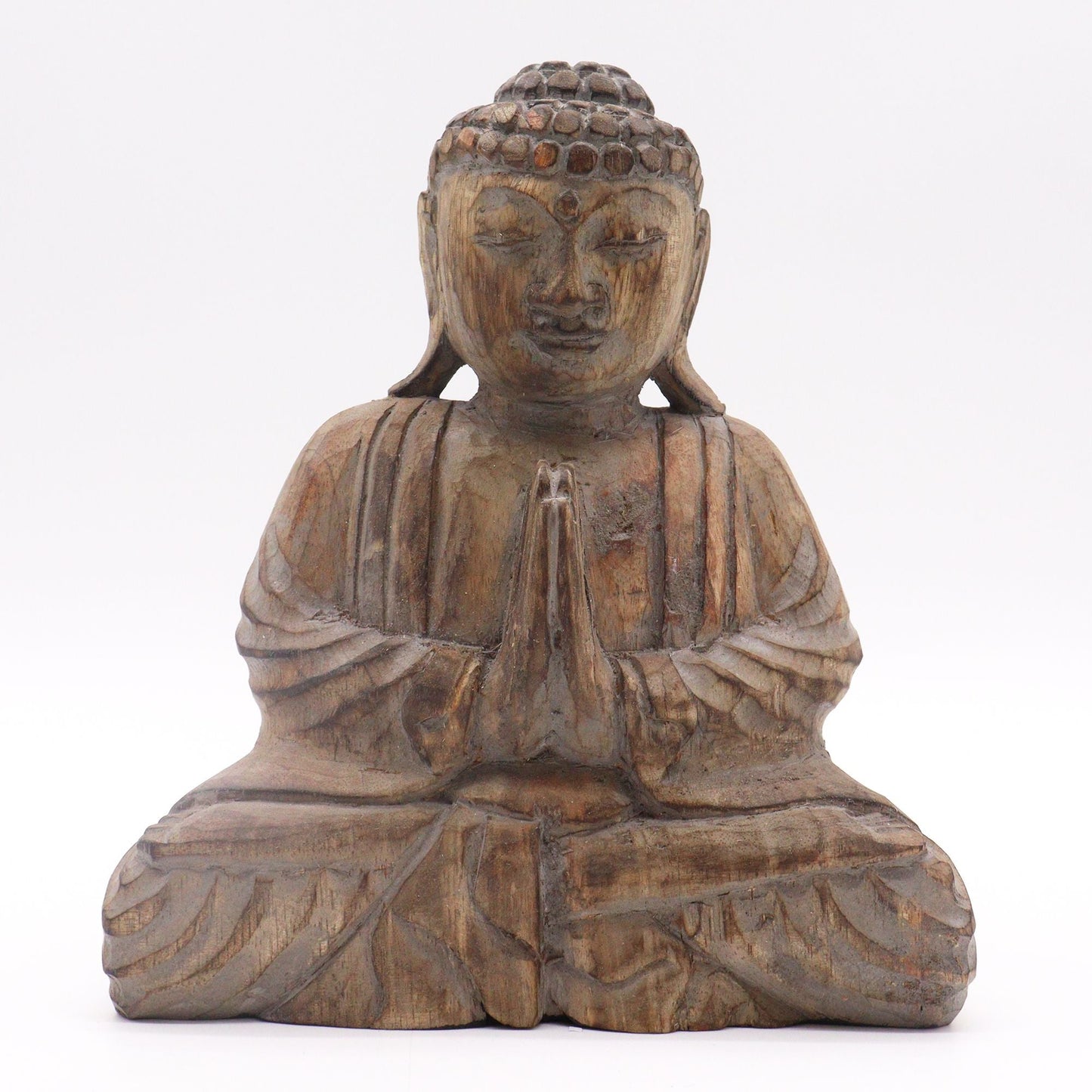 Feng Shui Buddha-set i Albasia-trä – Grå, 29x45 CM snidad Buddha-figur i Albasia-trä, händer i bön, grå finish
