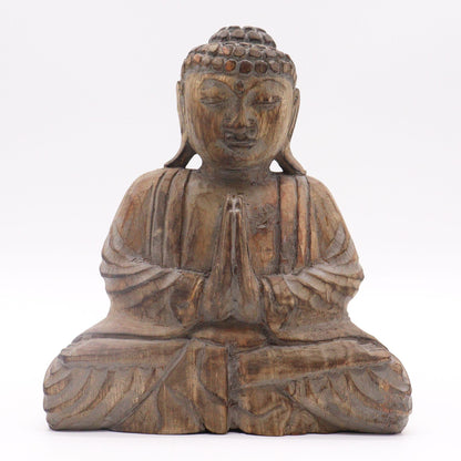 Feng Shui Buddha-set i Albasia-trä – Grå, 29x45 CM snidad Buddha-figur i Albasia-trä, händer i bön, grå finish