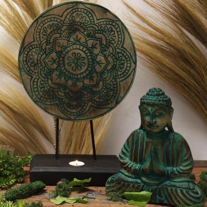 Alt Tag: Albasia Wood Feng Shui Buddha Set – Mandala Green, green Buddha statue with mandala disc decor on stand