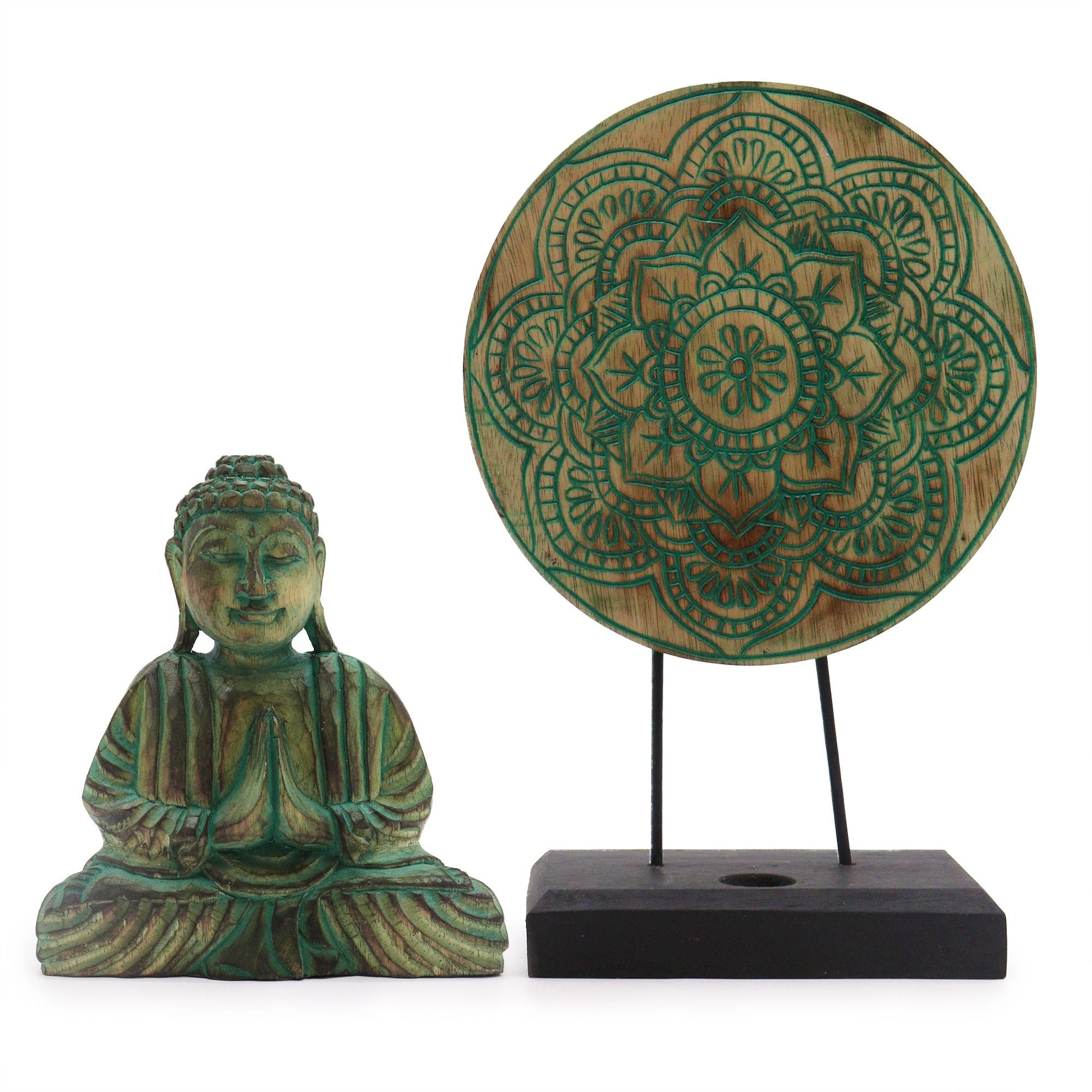 Alt Tag: Albasia Wood Feng Shui Buddha Set – Mandala Green, Albasia wood Buddha figurine and green mandala disc decor on stand