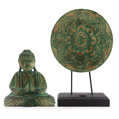 Alt Tag: Albasia Wood Feng Shui Buddha Set – Mandala Green, Albasia wood Buddha figurine and green mandala disc decor on stand