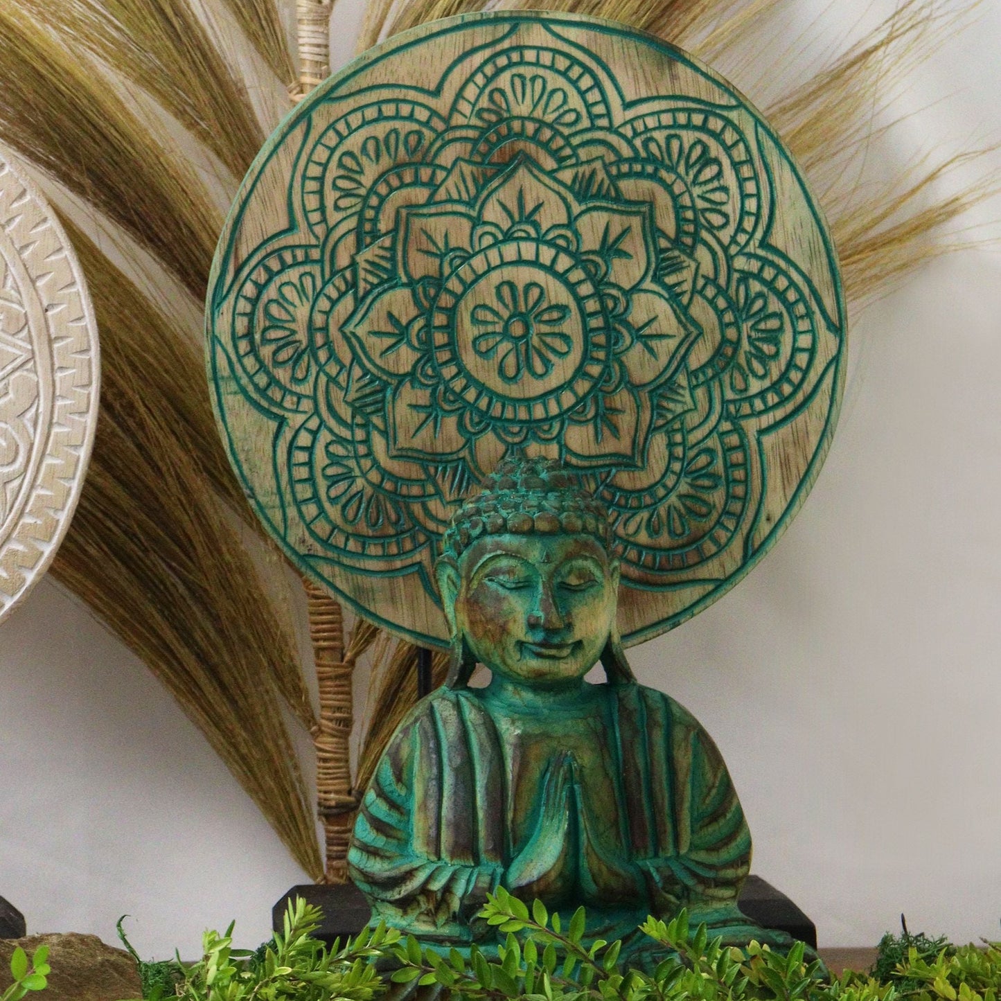Alt Tag: Albasia Wood Feng Shui Buddha Set – Mandala Green, carved Buddha statue with green mandala halo, Albasia wood decor