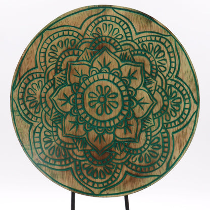 Albasia Wood Feng Shui Buddha Set – Mandala Green round carved mandala wall art, green detailing on natural wood