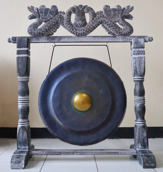 Gong armonizante de madera de Albasia – 35CM Negro en soporte de madera tallada, gong metálico negro con centro dorado