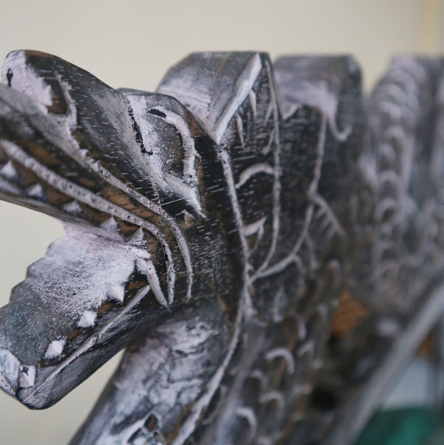 Alt Tag: Albasia Wood Harmonizing Gong – 35CM Greenwash on carved wooden stand, greenwash finish, close-up detail