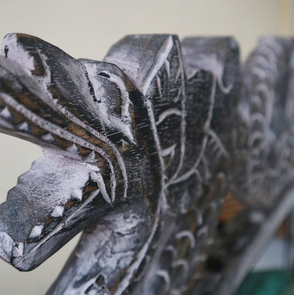 Alt Tag: Albasia Wood Harmonizing Gong – 35CM Greenwash on carved wooden stand, greenwash finish, close-up detail
